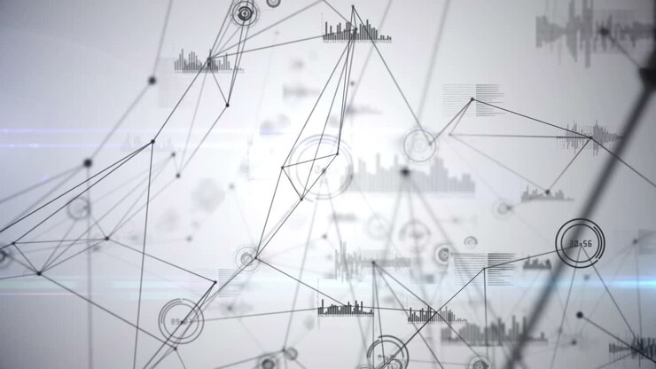 Animation of network of connections and data processing over white background