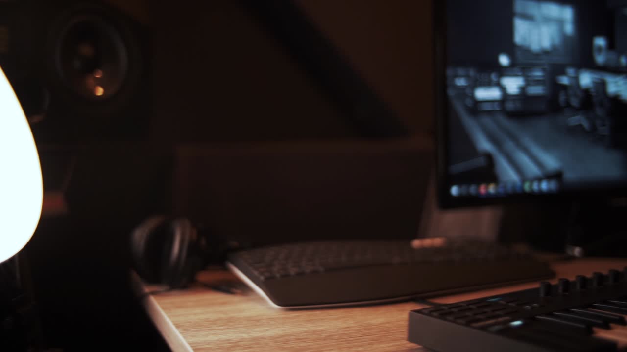 toma panorámica de un estudio de música, pantalla de computadora, teclado, piano, anillo de luz, auriculares dj, subwoofer, cámara lenta full hd