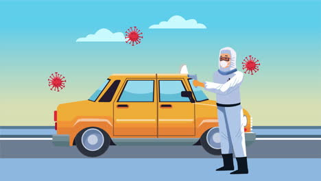 biosafety worker with thermometer and taxi covid19 control