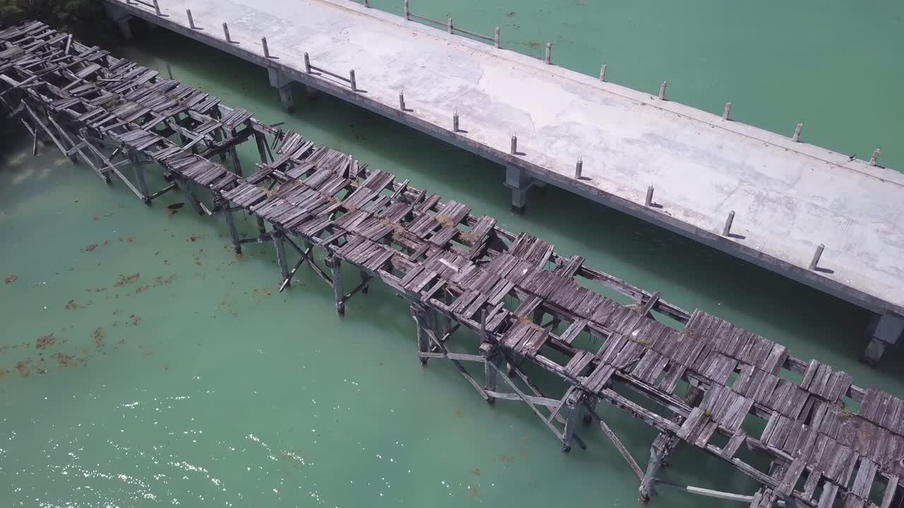 High angle aerial view of old and new Boca Paila bridges in Mexico