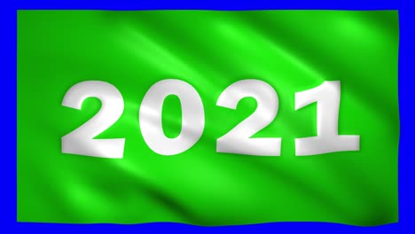 2021 escrito en la bandera verde en la pantalla verde para la llave de croma