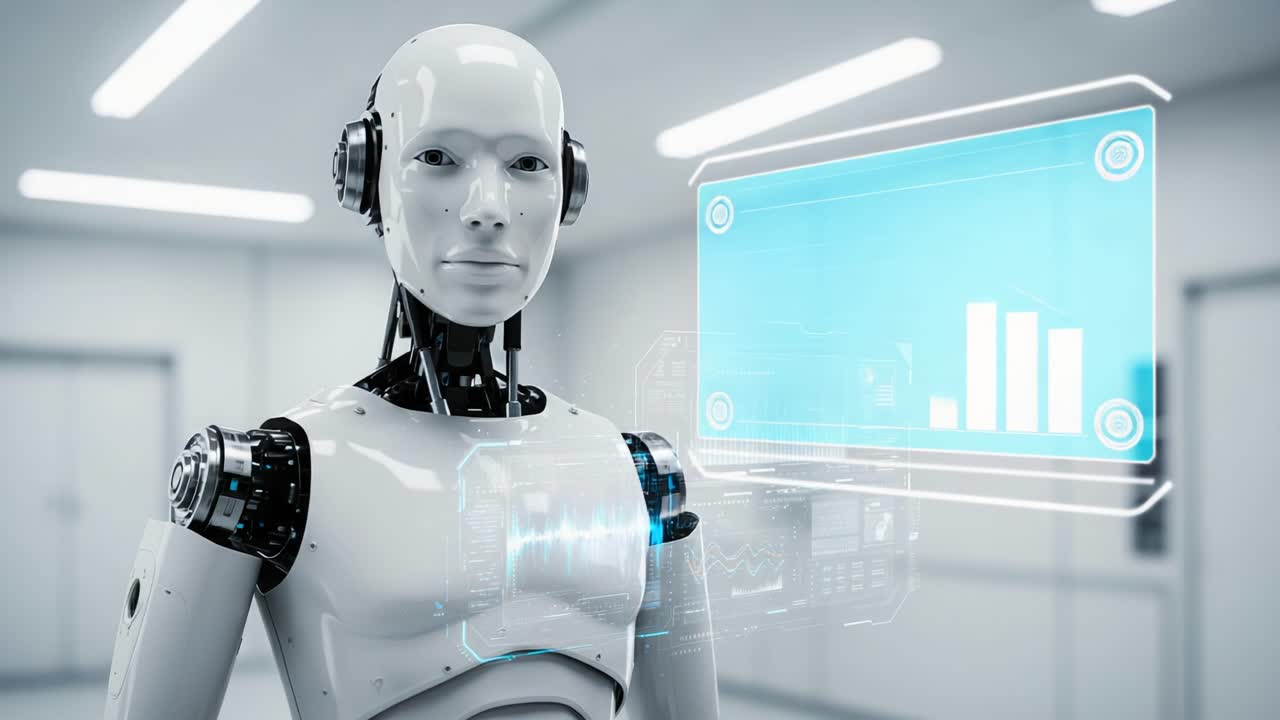 A Sophisticated Humanoid Robot Offering Insights through Advanced Data Displays in a Futuristic Environment Showcasing Technological Innovation and Automation