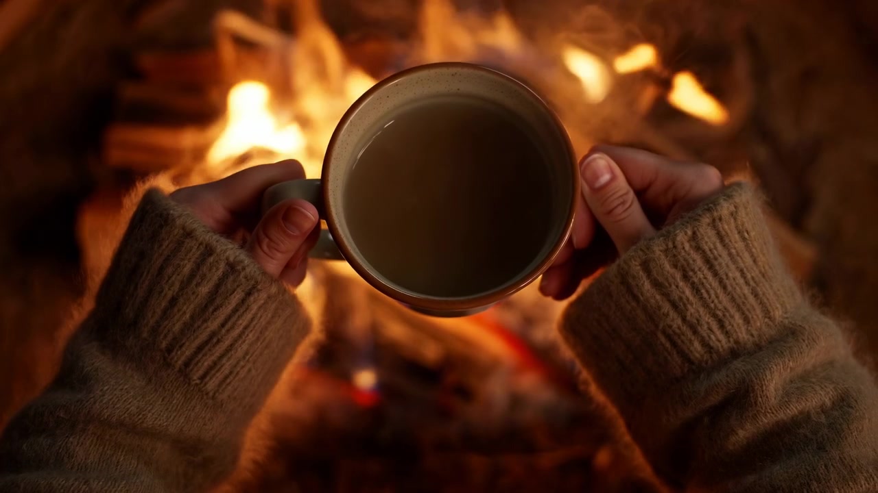 Close-up of hands holding a warm ceramic mug in front of a softly glowing fireplace, with blurred flames and gentle indoor light creating a calm seasonal