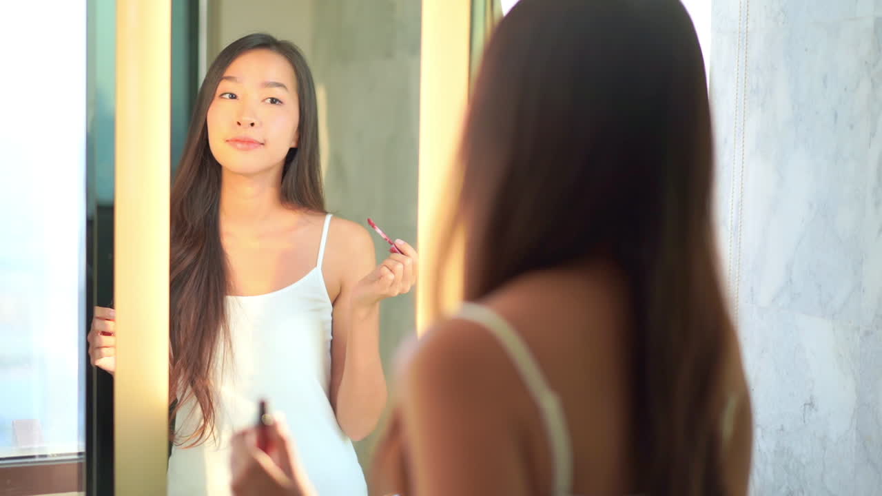 A pretty young Asian woman looks in the mirror as she touches up her lip gloss