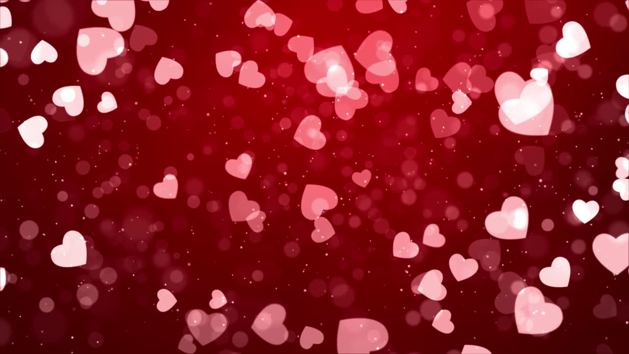 abstractos corazones blancos partículas desvanecimiento bokeh chispas de confeti en el fondo de la pantalla roja.