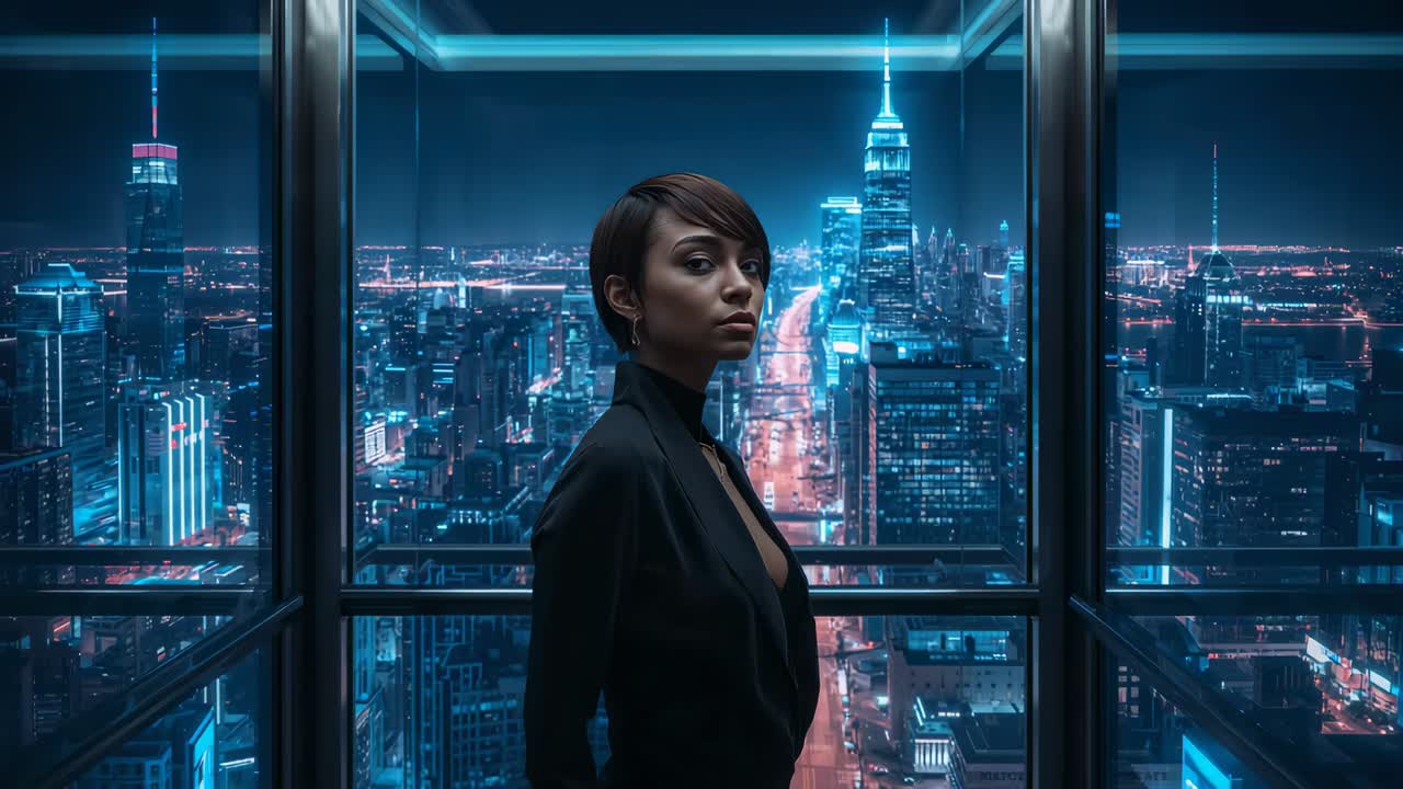 Modifica di una donna con blazer nero che muove la testa e il busto all'interno di una scatola di vetro in sequenza, skyline al neon