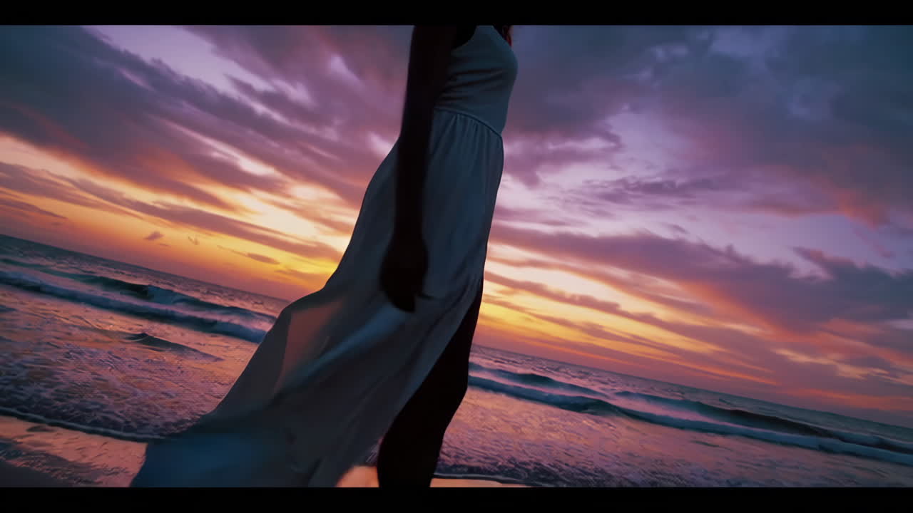 mujer caminando por la playa al atardecer