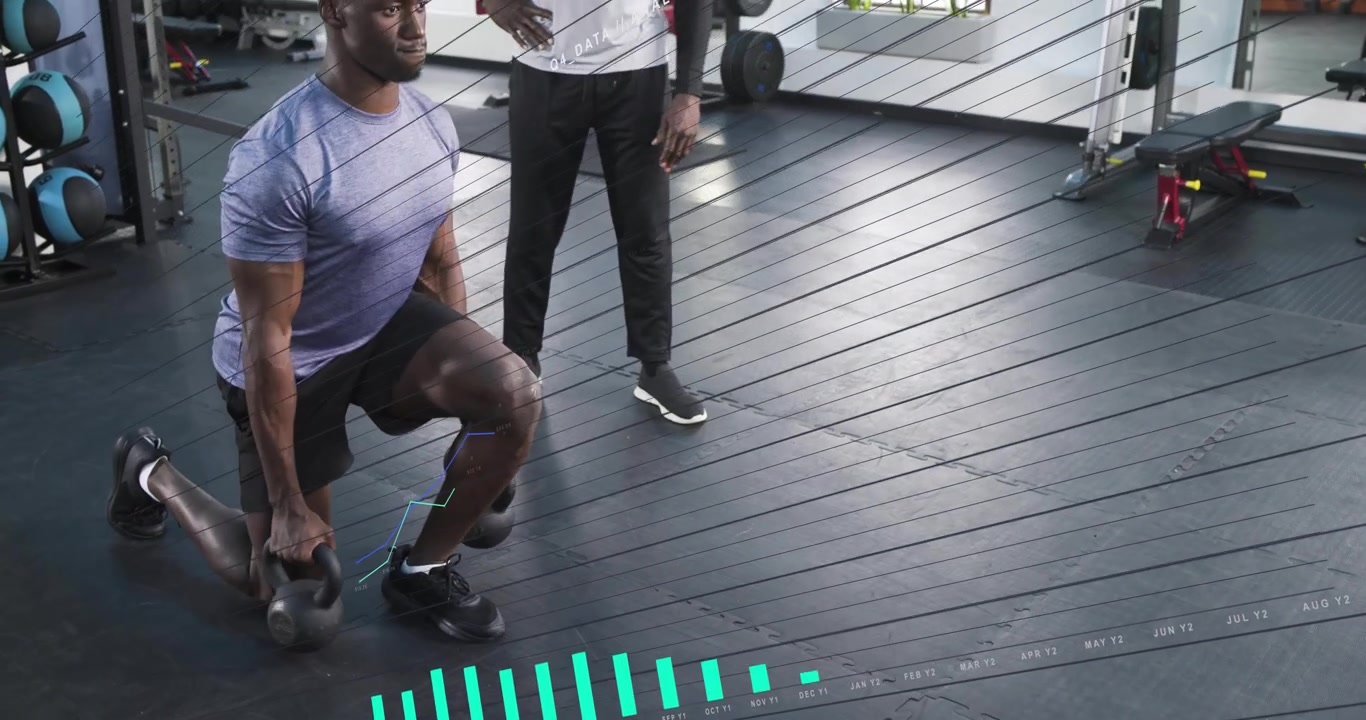 Trainer cueing trainee doing KB lunges then walking in gym for form, turquoise bars tracking reps