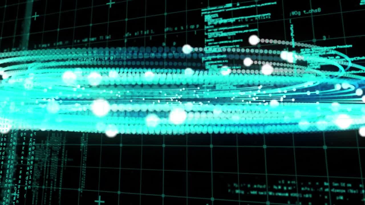 Animation of glowing blue network of light and data processing on black background