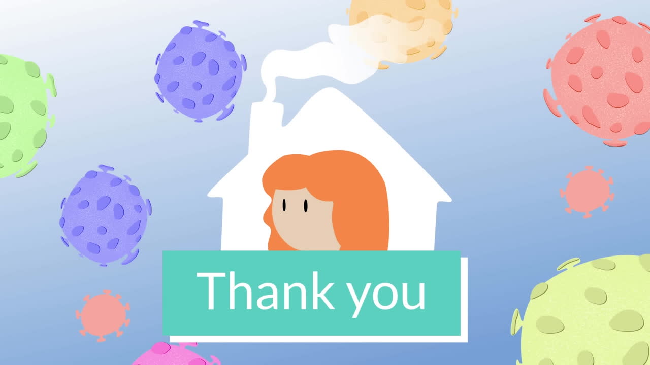 코로나19 세포에 맞서 집에 있는 여성 아이콘을 표시한 감사 문자 배너