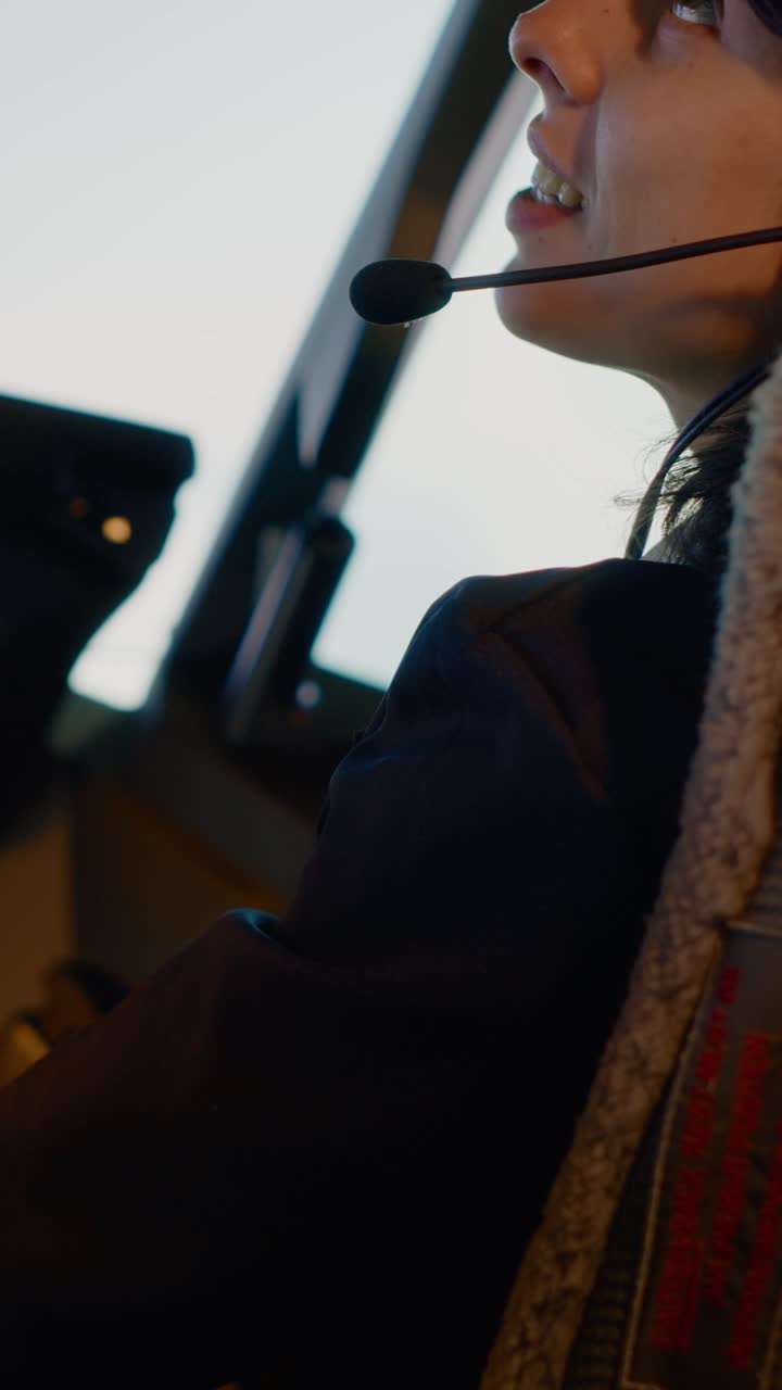 Pilota donna nella cabina di pilotaggio di un aereo