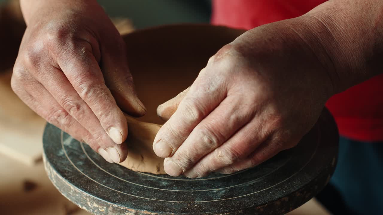 A close-up of an artisan's hands first using a tool to trim the excess clay, then shaping the rim of a hand-built bowl on a banding wheel in a pottery workshop