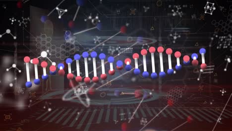 Animación-Del-Hilado-De-Cadenas-De-ADN,-Moléculas-Y-Procesamiento-De-Datos.