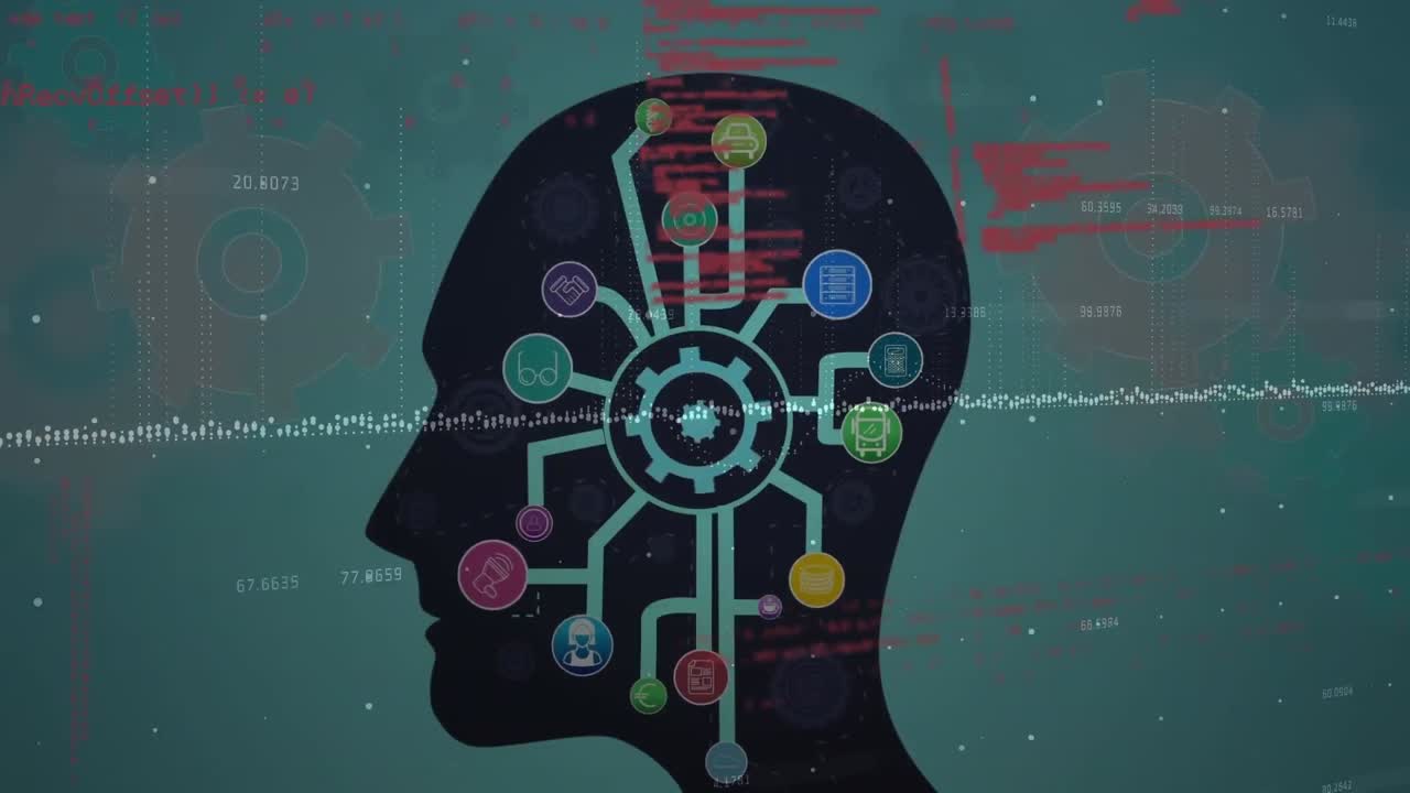 회전 기어와 기술 아이콘의 애니메이션은 녹색 배경에 다양한 데이터를 헤드 오버합니다.