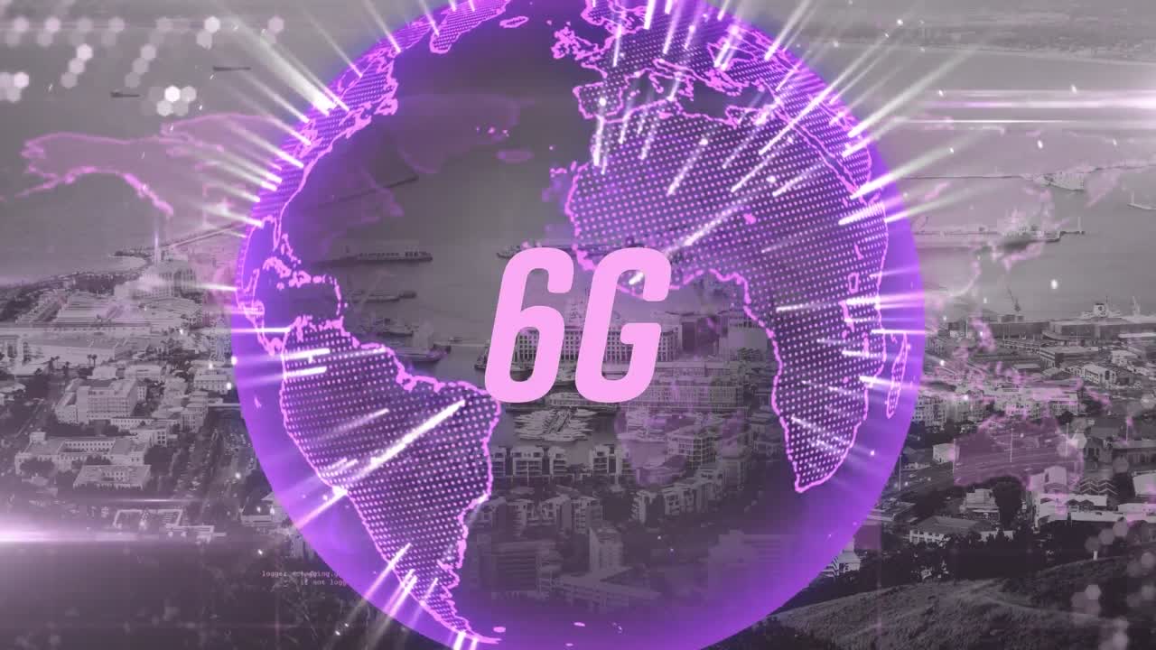 animación de texto 6g, paisaje urbano y conexiones