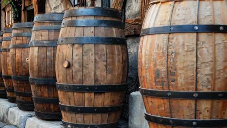 a row of wooden barrels lined up on the side of a building