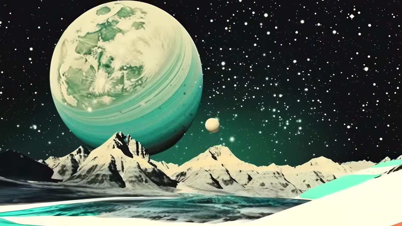 Surreal sci-fi video scene with a low-angle view of a giant planet over icy mountains