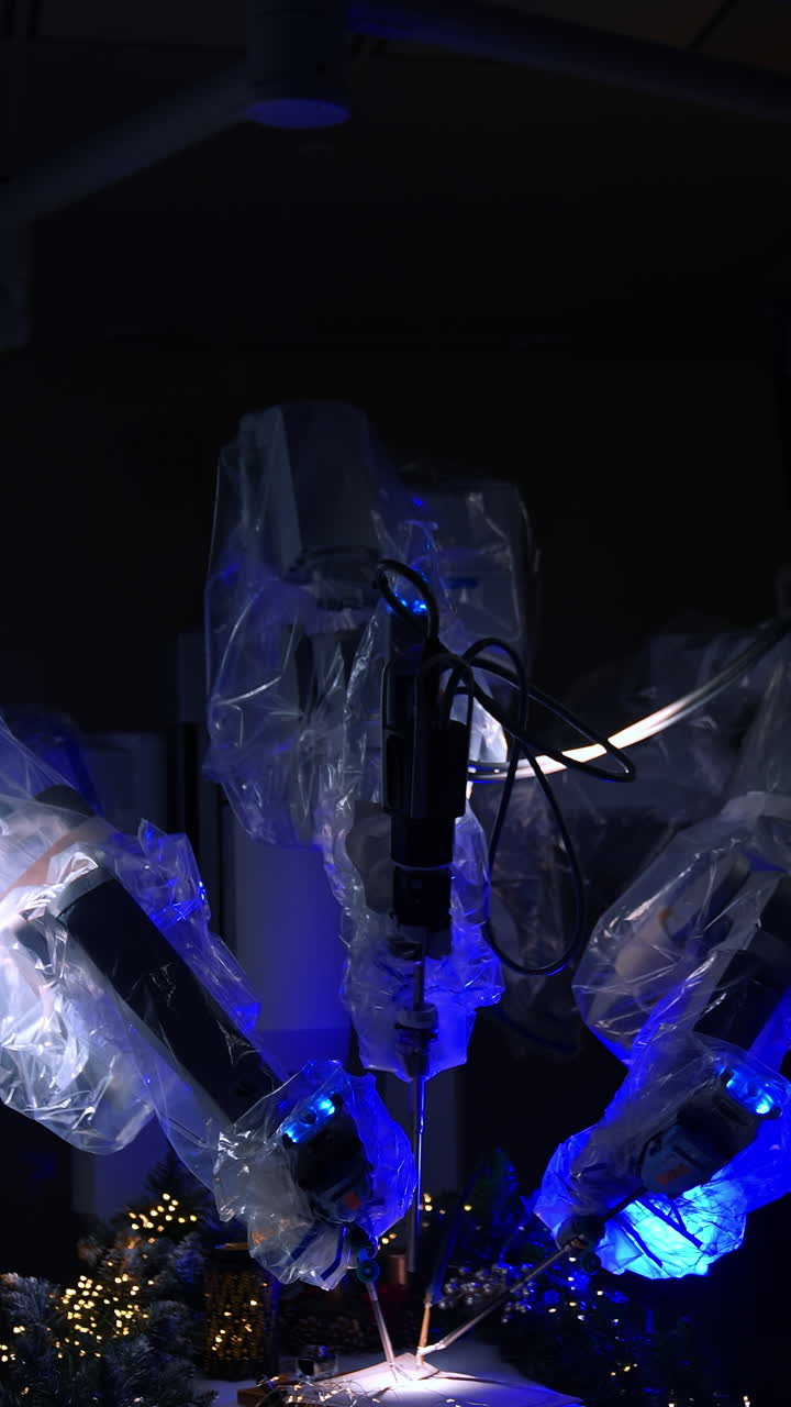 New technological equipment in modern surgical room with switched off lights. High-precise robotic arms write with a writing pen. Vertical video