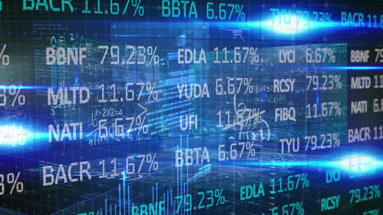 Elaborazione dati di borsa sullo sfondo di equazioni matematiche