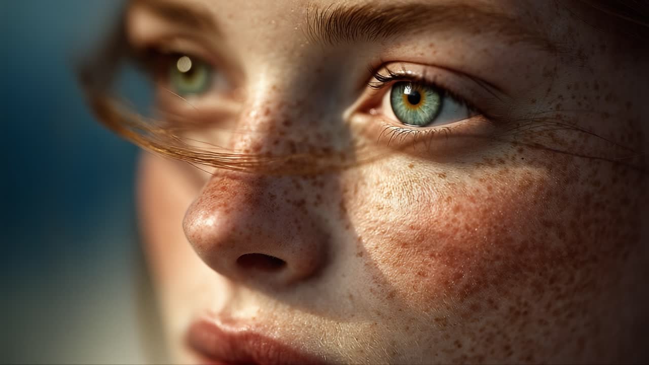 A Captivating Close-Up of a Young Person's Face Showcasing Stunning Freckles and Expressive Eyes Casting a Thoughtful Gaze into the Distance