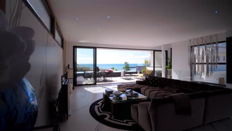 slow revealing shot of a villa living room with a large sliding door looking over the sea