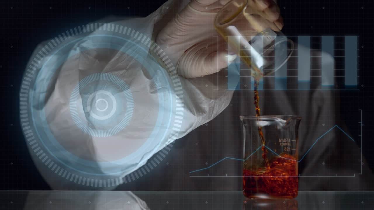 animación de diversos datos sobre un trabajador de laboratorio vertiendo reactivo en vidrio