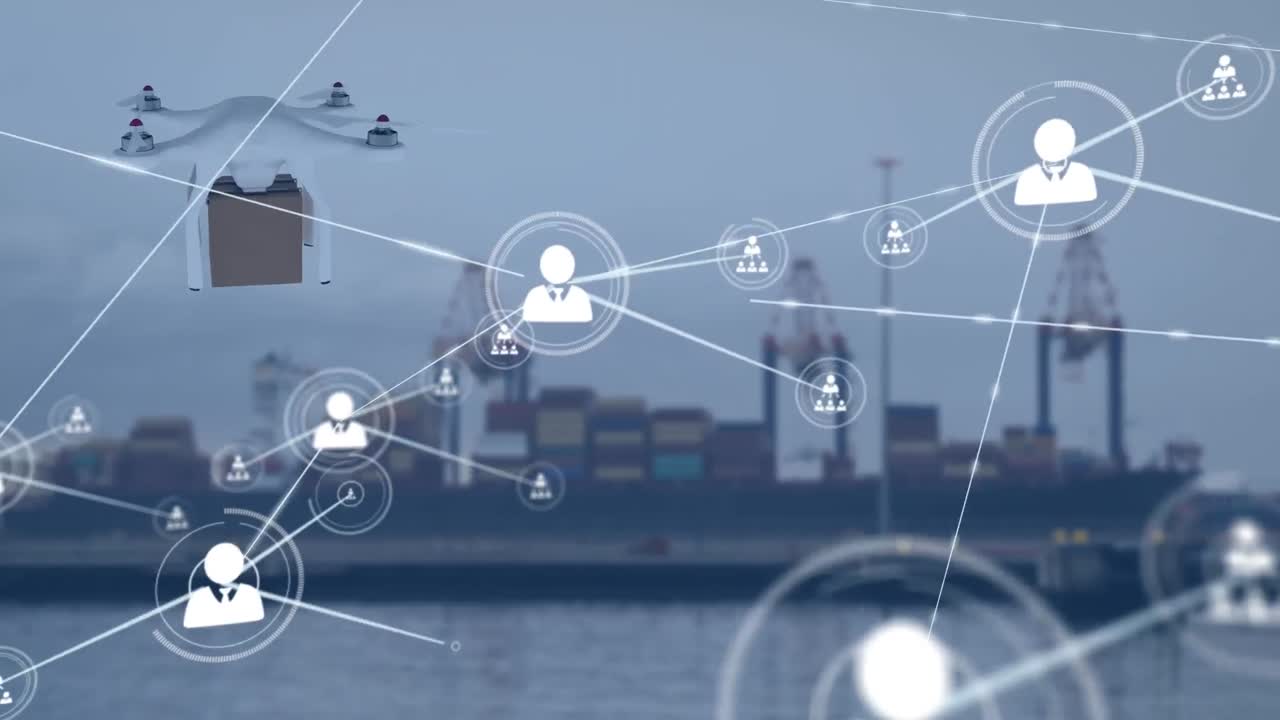 프로파일 아이콘의 네트워크와 배달 상자를 운반하는 드론