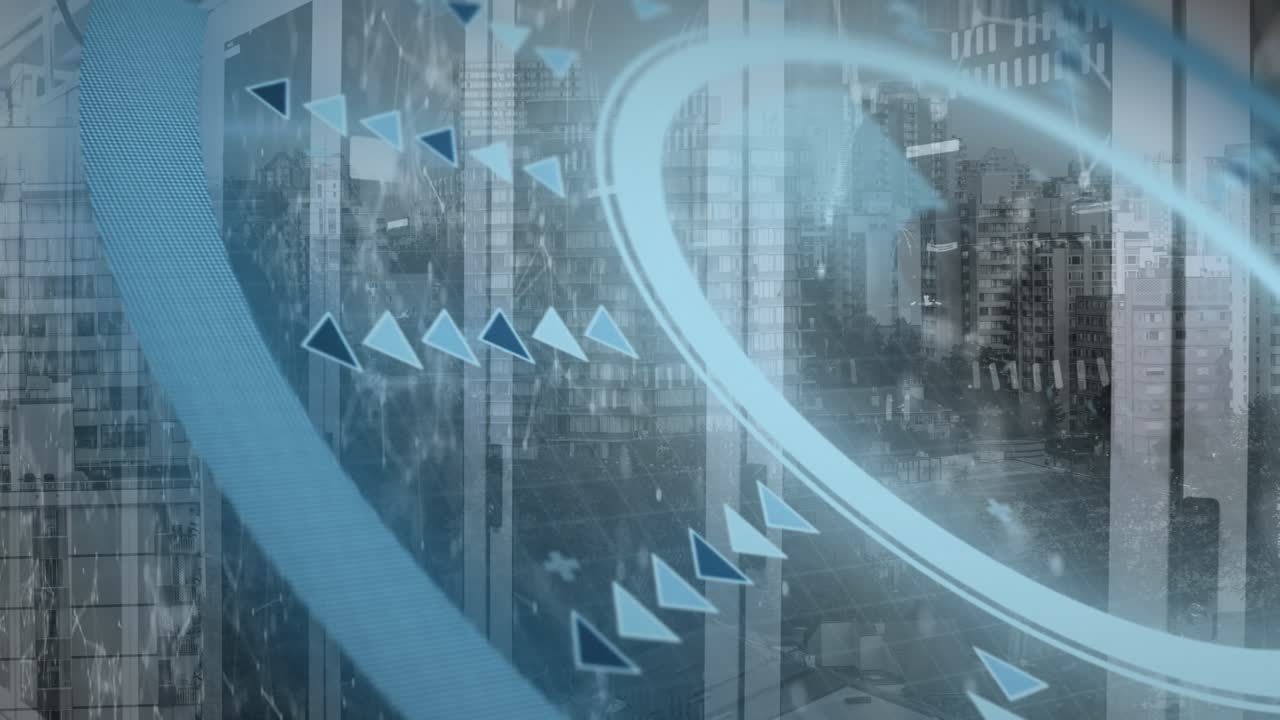 Animation of scope scanning data processing over cityscape and computer servers
