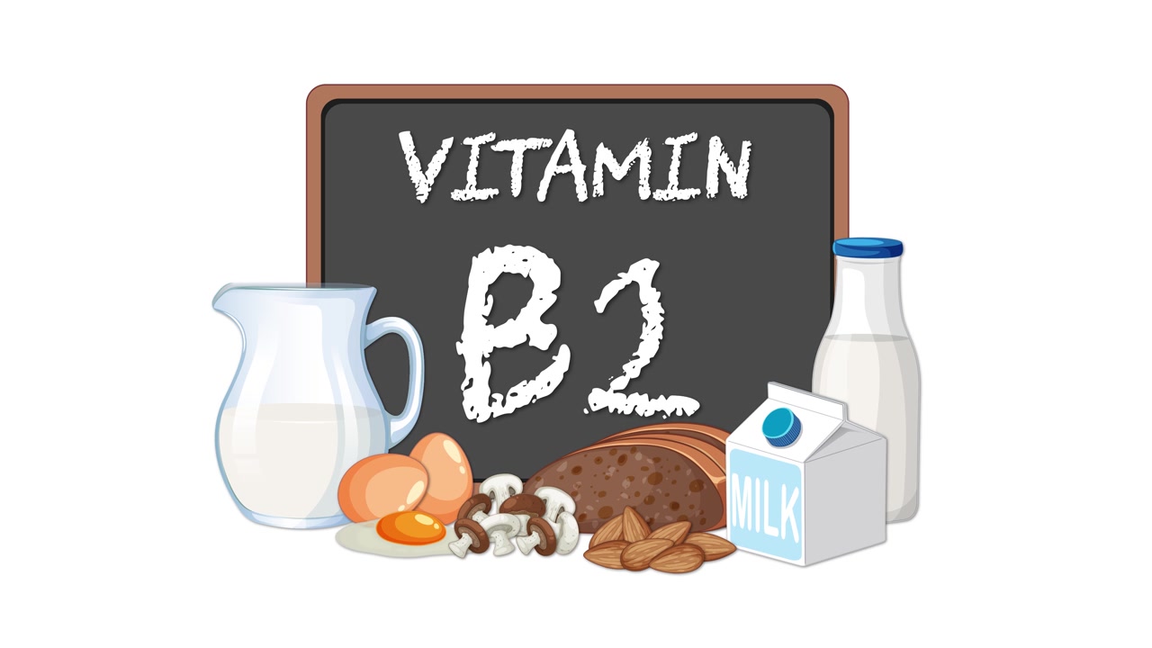 Vitamin B2 kara tahtası etrafında animasyonlu gıda ürünleri belirerek beyaz arka planda beslenme kaynaklarını vurguluyor