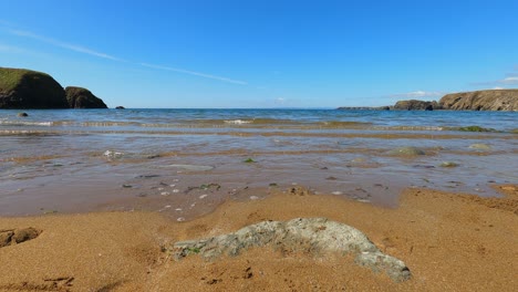 waves lap at gold sand beach in sunny blue sky ocean shore time lapse