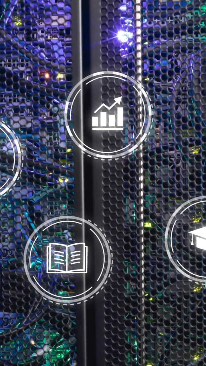 Animation of business icons over server room