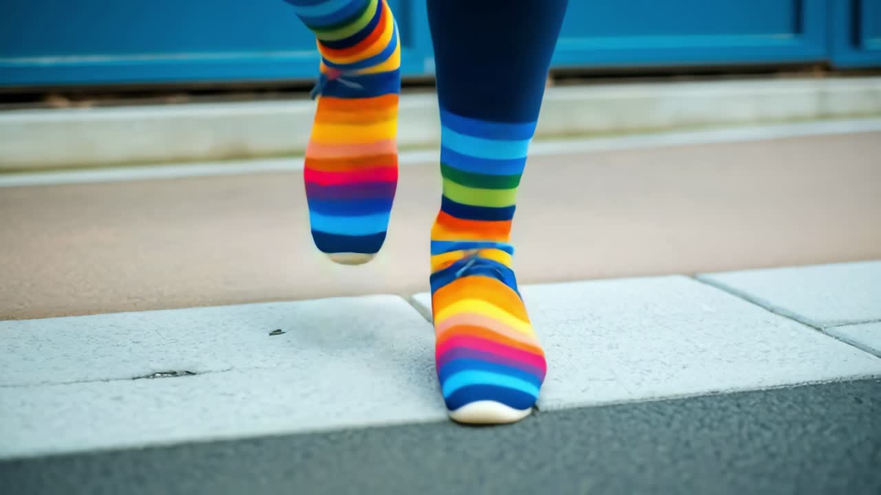 Vibrant woman tapping right foot in rainbow socks and blue tights, standing on gray tiled floor near blue door, embodying urban street style with playful energy