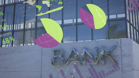 animation of financial data processing over bank building