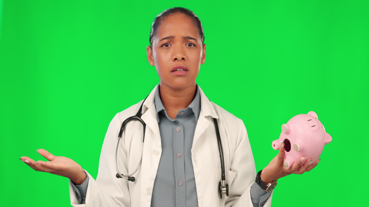 Confused, piggy bank and face of doctor on green