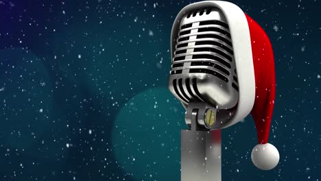 Digital-animation-of-snow-falling-over-santa-hat-on-microphone-against-spots-of-lights