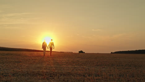 couple walking hand in hand at sunset in a field