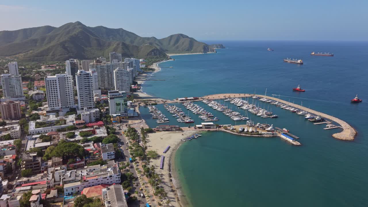 Scenic aerial of Santa Marta, Colombia's coast and port city tranquility