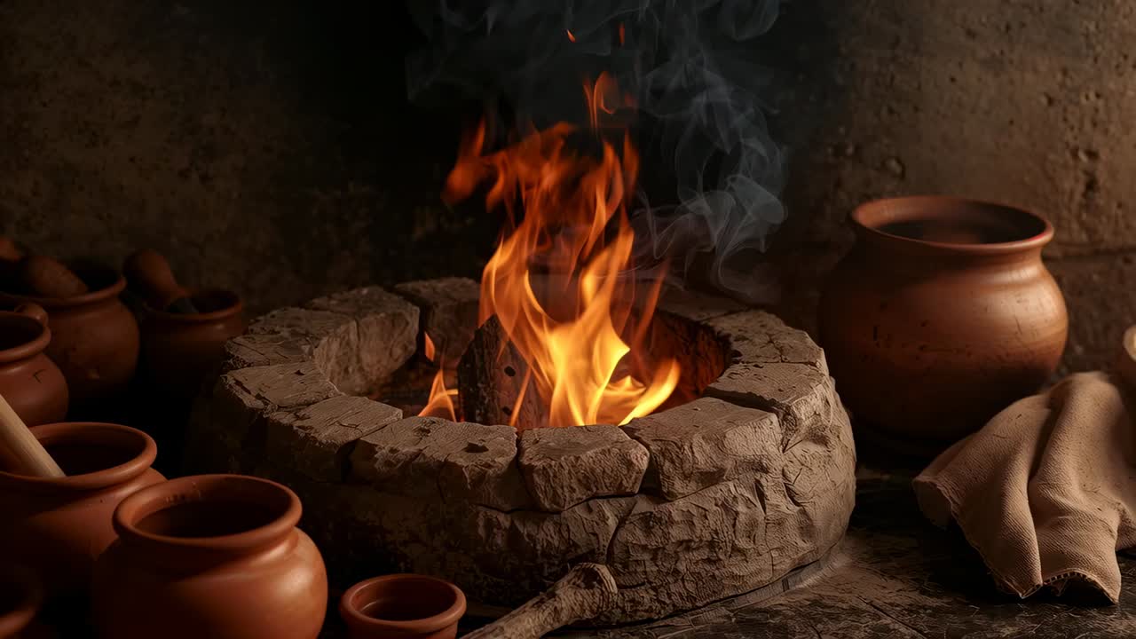 Rising orange flame stretching upward in mud hut, burning wood sending smoke past clay cooking pots