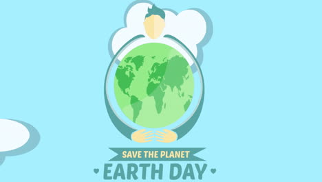 animation of earth day text with green globe over clouds on blue sky