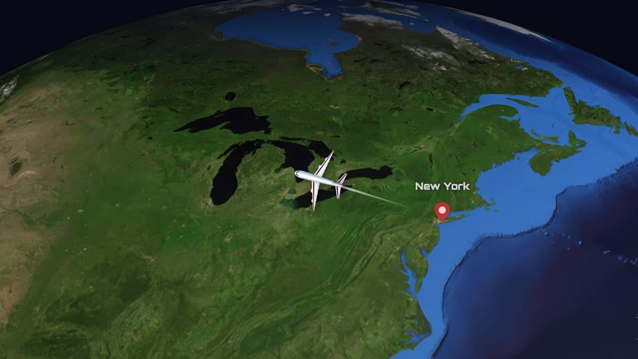 A 3D globe animation tracks a commercial airplane flying from New York to Seattle
