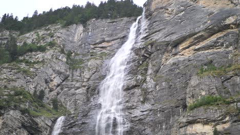 giant waterfall with pine trees on the top over the rocks falling down on a bright day in lauterbrunnen in switzerland. wide shot.