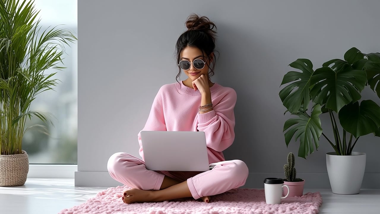 Ung kvinde arbejder på en bærbar computer, mens hun sidder på gulvet i et lyst, moderne hjem