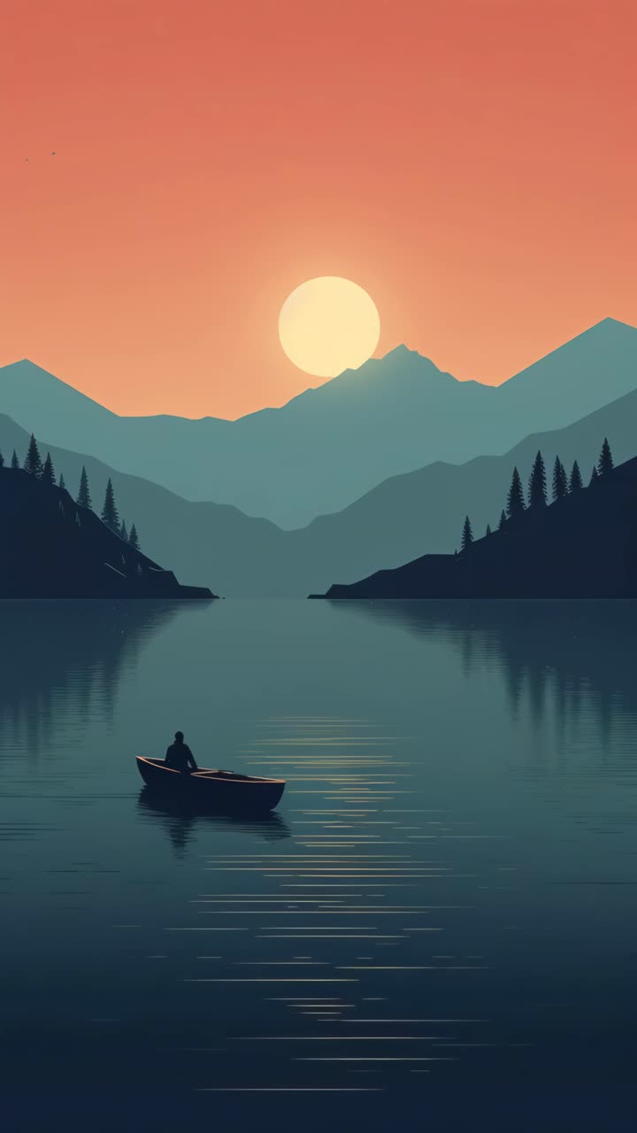 Serene sunset video concept with a silhouette of a person rowing on a lake