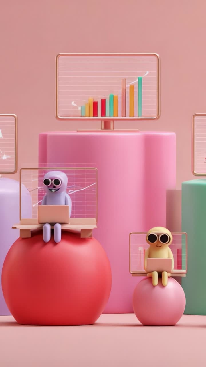 Whimsical Characters Analyzing Data with Colorful Graphs Against a Pink Background, Showcasing Creativity and Modern Design Aesthetic in a Playful Setup