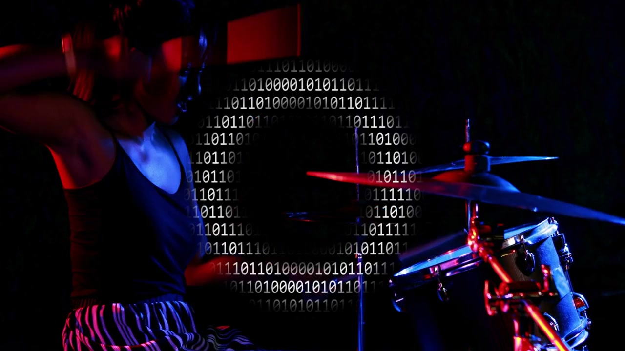 Downbeat cueing drummer raising sticks, striking kit, red-blue pulse, binary circle syncing beats