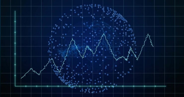 Animert lyseblå grafikklinje kommer frem fra venstre akse og svinger på et rutenett som viser datatrend.