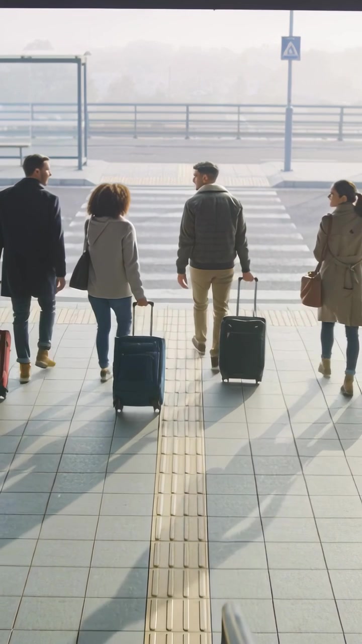 Vertical video: Leaving exit group in coats walking toward crosswalk to reach curb, pulling luggage