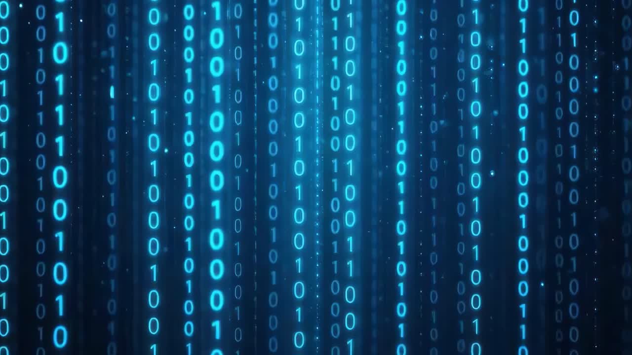 Futuristic video concept with a straight-on camera angle, showcasing glowing blue binary code