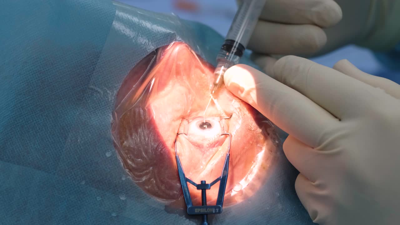 현미경 앞에 앉아서 수술을 하는 안과 외과 전문의. 고정도 수술을 수행하는 여성 의사에 대한 낮은 각도 시각. 토 레이저 보조 백내장 수술. 백내장수술. 안과 수술.