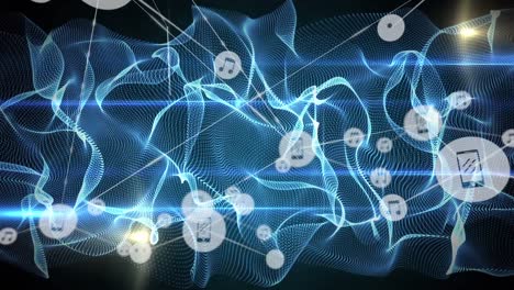 Animation-of-network-of-digital-icons-over-glowing-blue-digital-wave-against-black-background